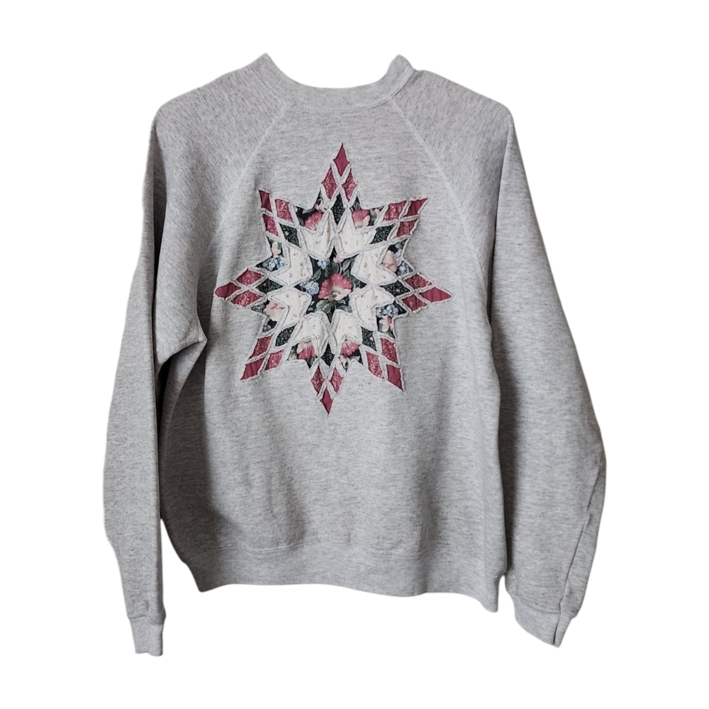 VINTAGE 90's star quilted pull over crewneck sweatshirt in‎ light grey L